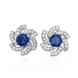 Blue Sapphire/White Topaz Pinwheel Stud Earrings~925 Sterling Silver
